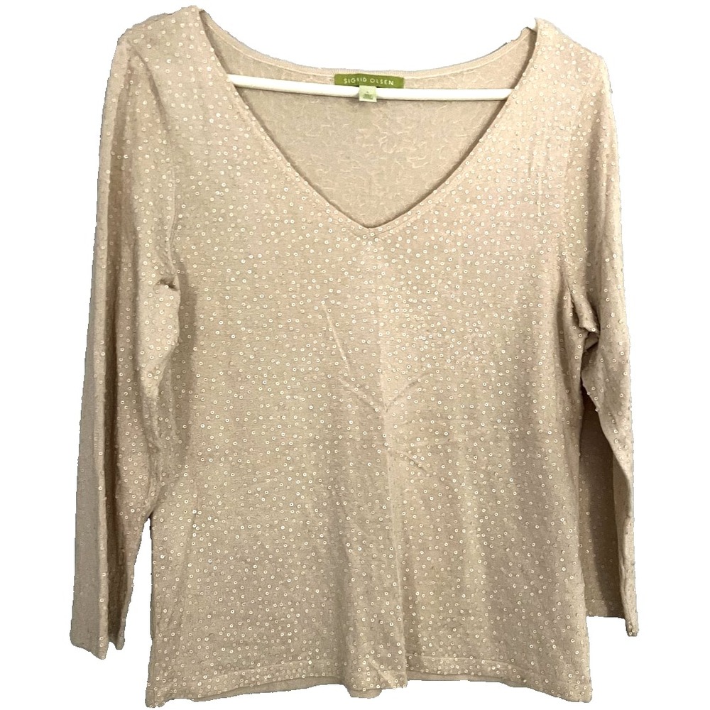 Sigrid Olsen Sweater Womens Large Beige Silk Modal V-Neck Sequin Pullover Top